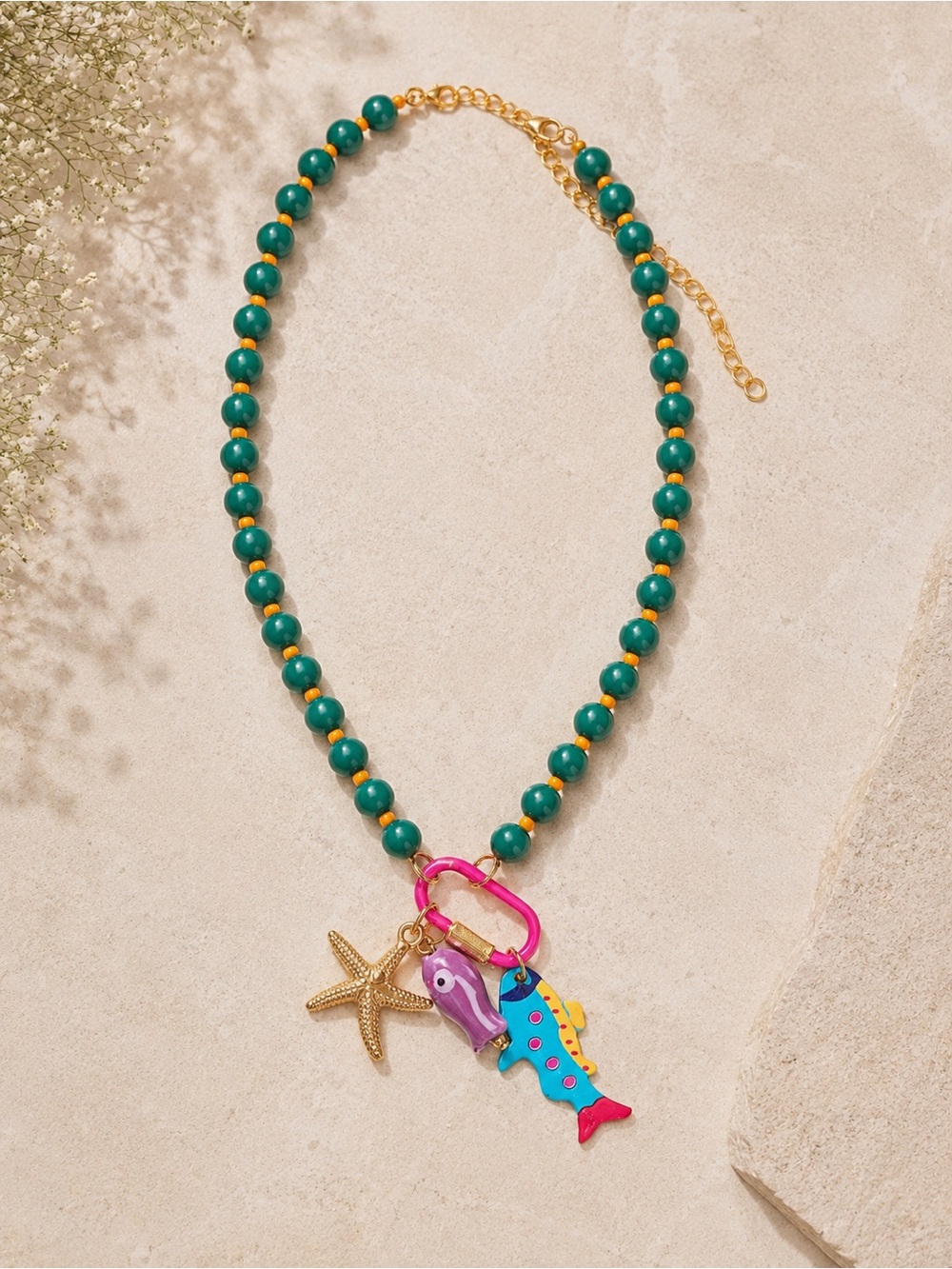 Handmade Green Beaded Necklace with Colorful Sea Creature Charms